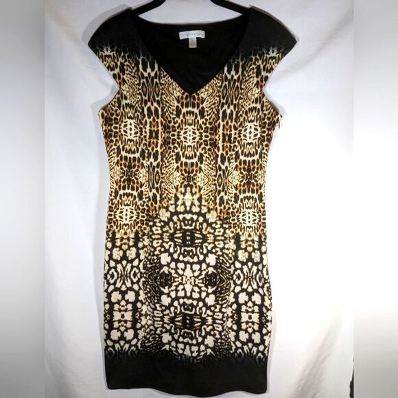 London Times Sleeveless Leopard Print Mini Dress Black Shoulder & Hem Size 6 - Picture 1 of 7